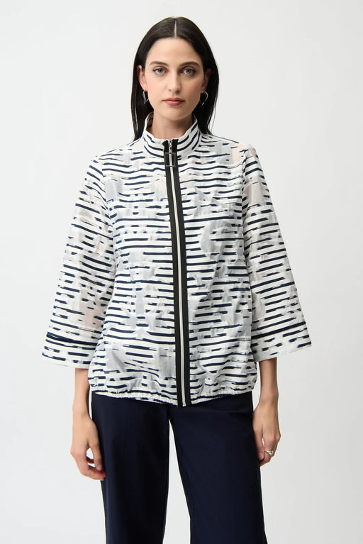 Joseph Ribkoff 261094 Off-White/Navy Mock Collar Stripe Print Bomber Blazer