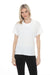 Woman wearing a white textured boxy top with cowl neck and short sleeves from Joseph Ribkoff