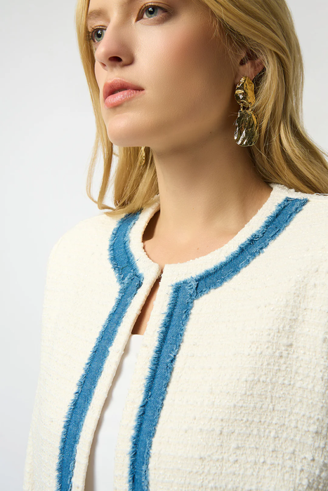 Joseph Ribkoff Off-White Textured Denim Trim Crew Neck Jacket 253108