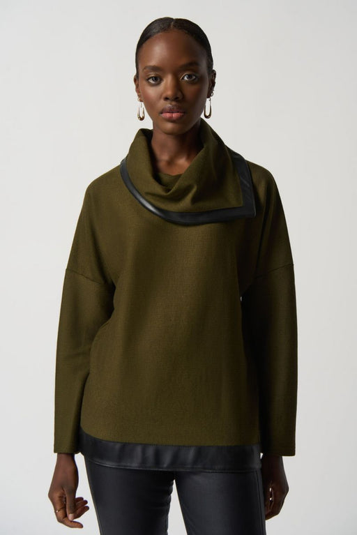 Joseph Ribkoff Style 233041 Olive/Black Faux Leather Trim Cowl Neck Long Sleeve Sweater Top