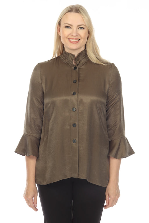 Joseph Ribkoff Style 233234 Olive Green Ruffled Button-Down 3/4 Sleeve Blouse