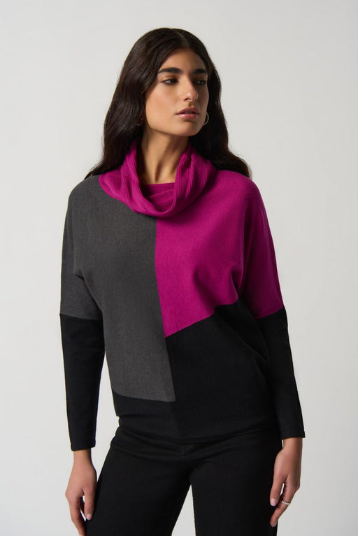 Joseph Ribkoff 233954 Opulence/Grey/Black Color Block Cowl Neck Knit Sweater Top