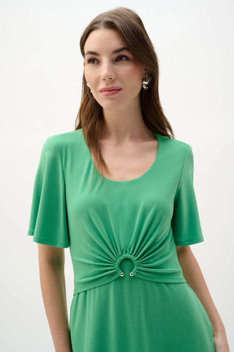 Joseph Ribkoff Palm Green Ruched Flutter Sleeves A-Line Dress 262034