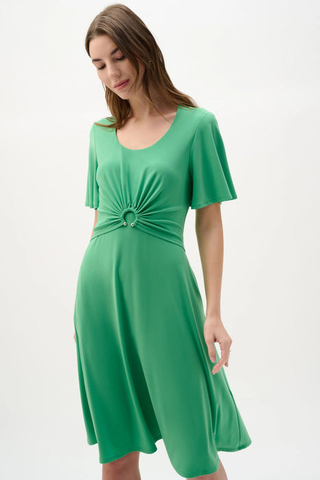 Joseph Ribkoff Palm Green Ruched Flutter Sleeves A-Line Dress 262034