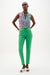 Woman wearing a green slim cropped pants with pull on waistband and patch pockets from Joseph Ribkoff