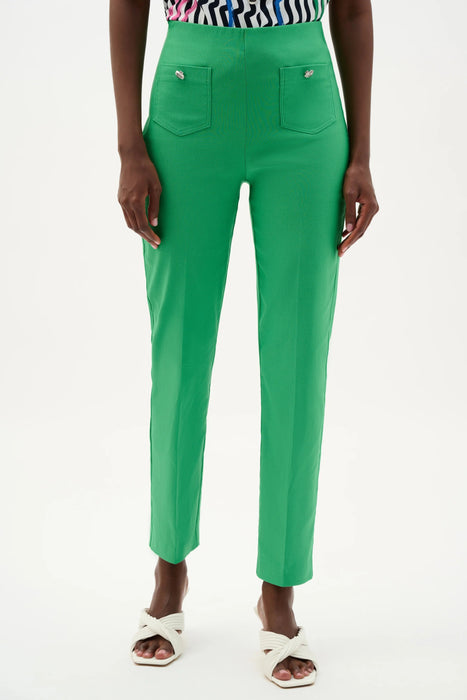 Woman wearing Joseph Ribkoff palm green cropped pants for office workwear outfit