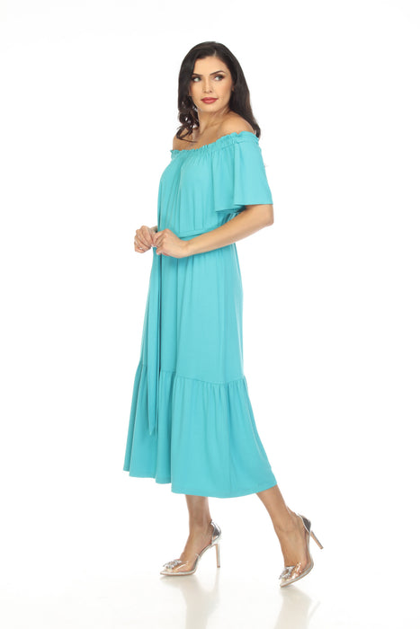Joseph Ribkoff Palm Springs Blue Off-Shoulder Belted Tiered Midi Dress 232235