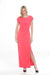 Woman wearing a bright pink long evening dress with ruching at the waist and rhinestone-trimmed side slit from Joseph Ribkoff