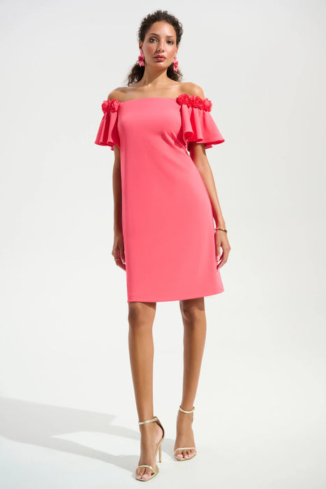 Joseph Ribkoff Paradise Coral Rosette Off-Shoulder A-Line Dress 261734