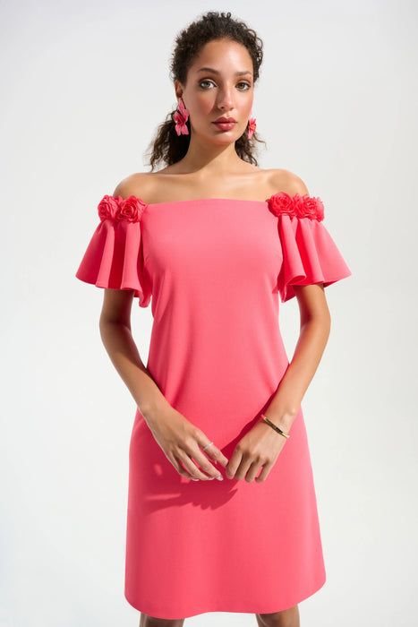 Joseph Ribkoff Paradise Coral Rosette Off-Shoulder A-Line Dress 261734