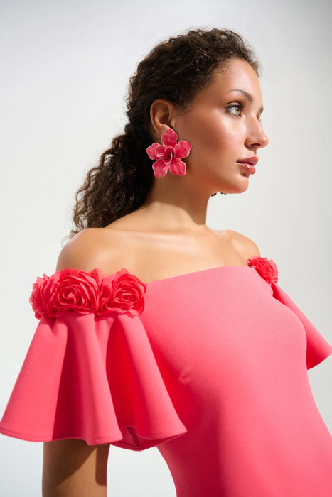 Joseph Ribkoff Paradise Coral Rosette Off-Shoulder A-Line Dress 261734