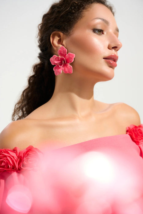 Joseph Ribkoff Paradise Coral Rosette Off-Shoulder A-Line Dress 261734