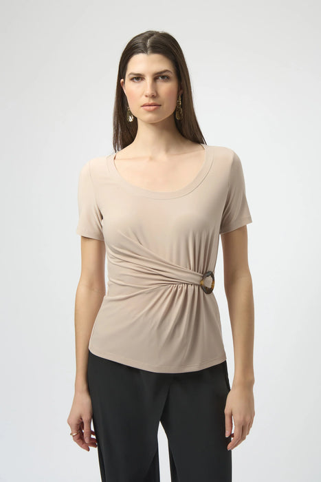 Joseph Ribkoff Style 252230 Parchment Drape Front Buckle Detail Fitted Top