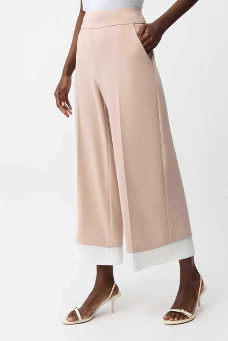 Joseph Ribkoff 261166 Parchment/Vanilla Contrast Piping Pull-On Wide Leg Culotte Pants