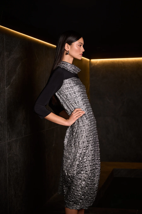 Joseph Ribkoff Pewter/Black Cowl Neck 3/4 Sleeves Cocoon Dress 254057