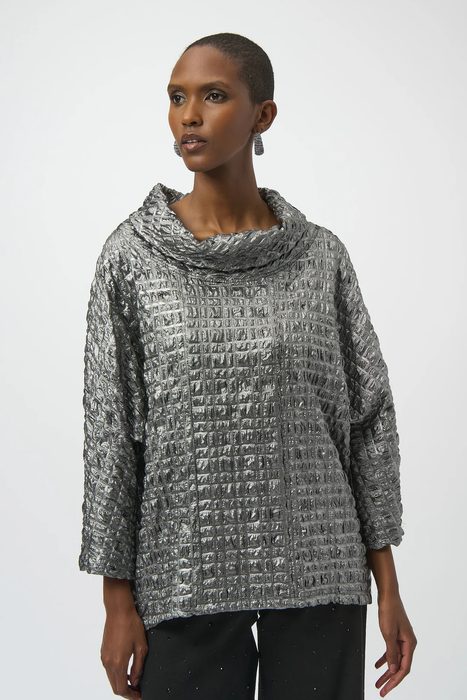 Joseph Ribkoff 254169 Pewter Foiled Cowl Neck 3/4 Dolman Sleeves Top