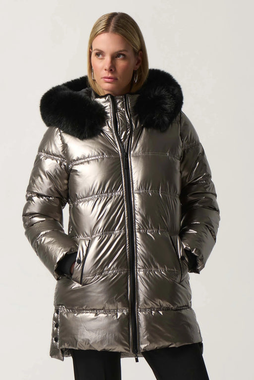 Joseph Ribkoff Style 233923 Pewter Metallic Faux Fur Hooded Zip-Up Puffer Coat