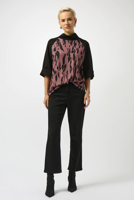 Joseph Ribkoff Pink/Black Animal Print Funnel Collared 3/4 Sleeves Straight Top 253260