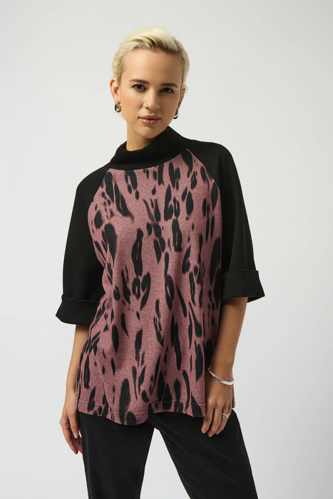 Joseph Ribkoff 253260 Pink/Black Animal Print Funnel Collared 3/4 Sleeves Straight Top