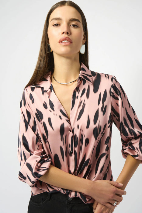 Joseph Ribkoff Pink/Black Animal Print Half Tuck Satin Top 253059
