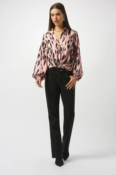 Joseph Ribkoff Pink/Black Animal Print Half Tuck Satin Top 253059