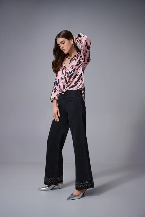 Joseph Ribkoff Pink/Black Animal Print Half Tuck Satin Top 253059