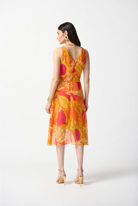 Joseph Ribkoff Pink/Multi Tropical Print Faux Wrap Midi Fit & Flare Dress 242015