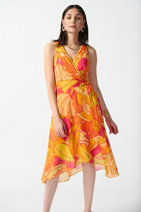 Joseph Ribkoff Pink/Multi Tropical Print Faux Wrap Midi Fit & Flare Dress 242015
