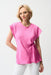 Woman wearing a pink satin top with twist front detail and dolman sleeves from Joseph Ribkoff