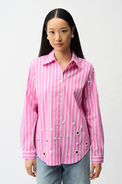 Joseph Ribkoff 261966 Pink Sherbet/Vanilla Stripe Print Rhinestoned Blouse Top
