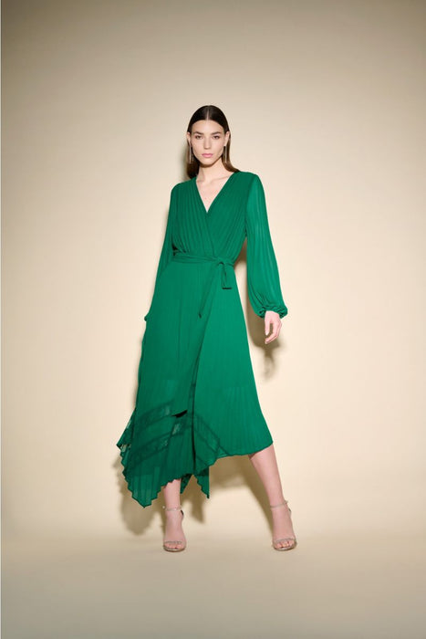 Joseph Ribkoff Style 233708 True Emerald Green Pleated Chiffon Belted Asymmetric Maxi Dress