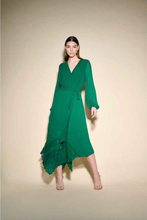 Joseph Ribkoff Style 233708 True Emerald Green Pleated Chiffon Belted Asymmetric Maxi Dress