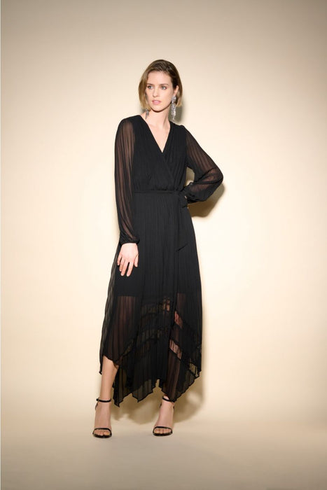 Joseph Ribkoff Style 233708 Black Pleated Chiffon Belted Asymmetric Maxi Dress