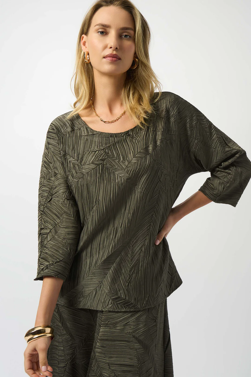 Joseph Ribkoff 253002 Avocado Pleated Scoop Neckline 3/4 Sleeves Boxy Top