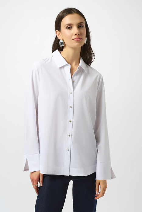 Joseph Ribkoff 253923 White Poplin Button-Front Back Slit Long Sleeves Top
