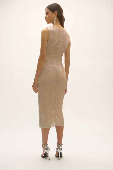 Joseph Ribkoff Quartz/Silver Foiled Asymmetric Draped Neckline Dress 252706