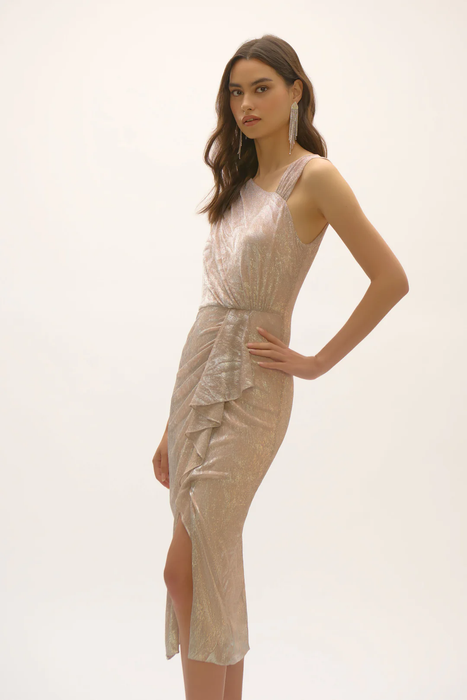 Joseph Ribkoff Quartz/Silver Foiled Asymmetric Draped Neckline Dress 252706