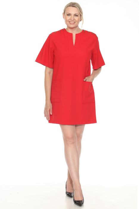 Joseph Ribkoff Style 251269 Radiant Red Buttoned Shoulders Mini Shift Dress
