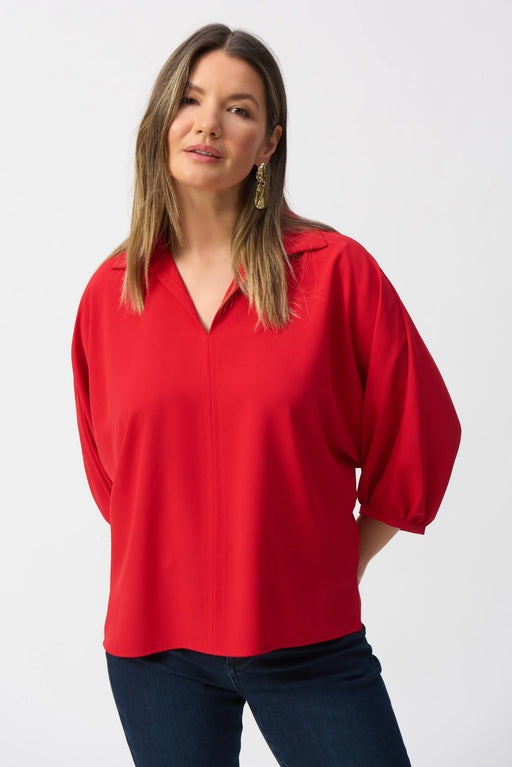 Joseph Ribkoff Style 251116 Radiant Red Collared V-Neck Puff Sleeve Top