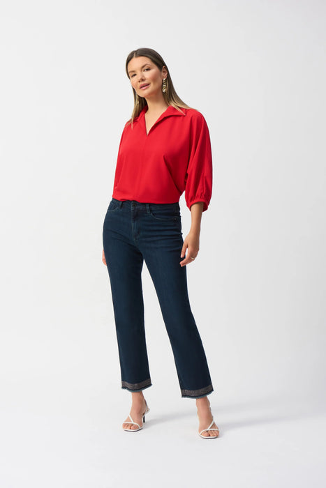 Joseph Ribkoff Radiant Red Collared V-Neck Puff Sleeve Top 251116