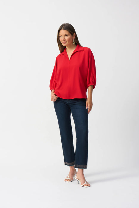 Joseph Ribkoff Radiant Red Collared V-Neck Puff Sleeve Top 251116