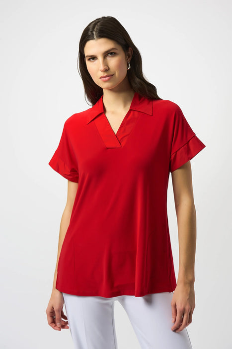 Joseph Ribkoff Style 251290 Radiant Red Collared V-Neck Short Sleeve Top