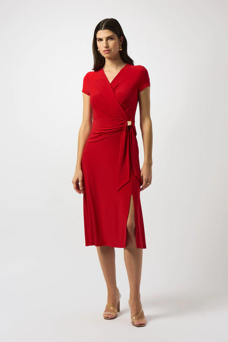 Joseph Ribkoff Style 251250 Radiant Red Cap Sleeve Faux Wrap Midi Dress