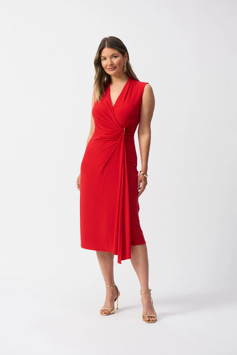 Joseph Ribkoff Style 251278 Radiant Red Faux Wrap Midi Sheath Dress