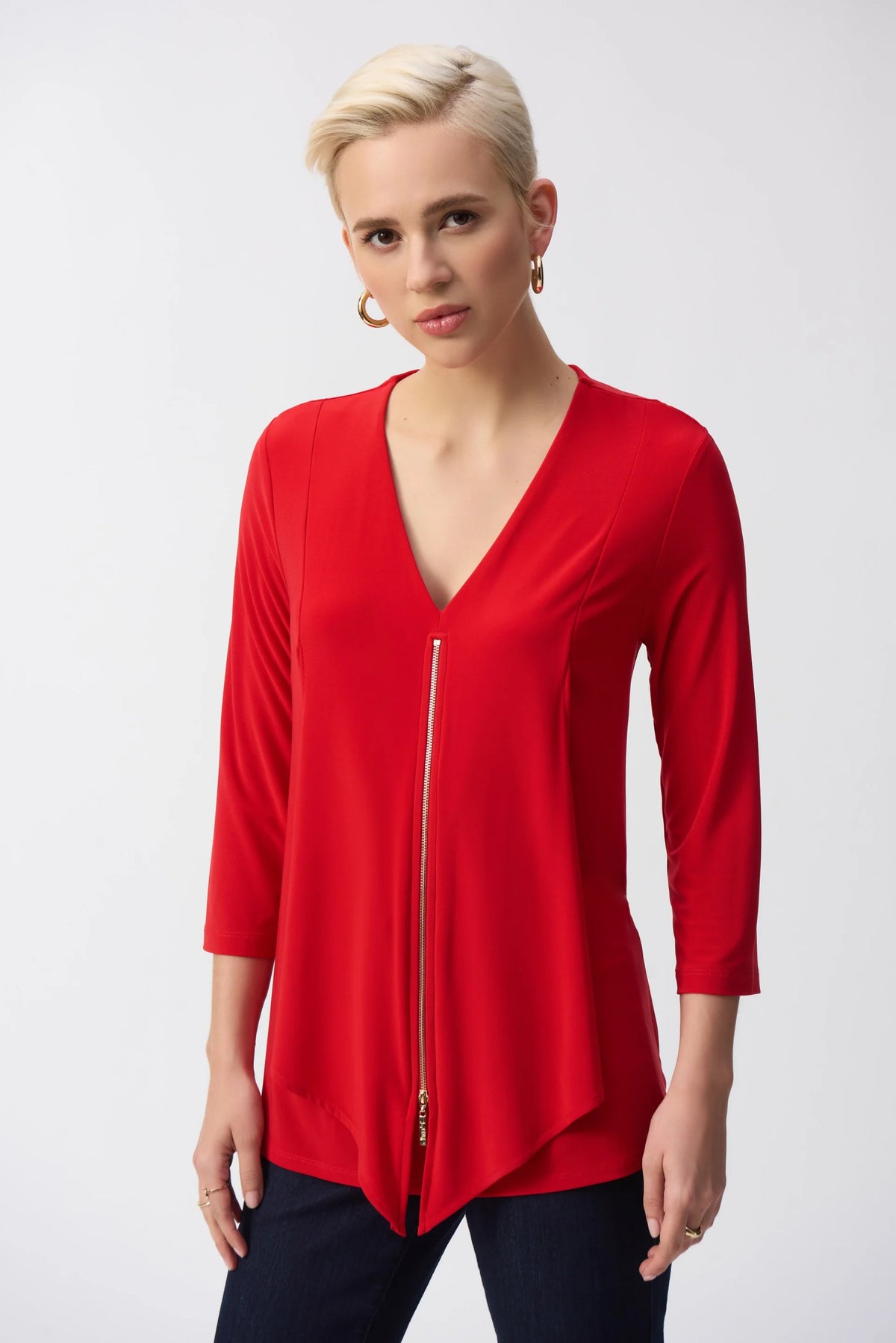 Joseph Ribkoff Layered Zip Front 3/4 Sleeve V-Neck Top 251041 Joseph Ribkoff Layered Zip Front 3/4 Sleeve V-Neck Top 251041
