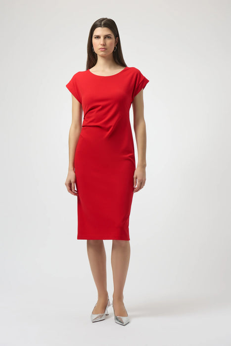 Joseph Ribkoff Style 252023 Radiant Red Pleated Side Waist Midi Sheath Dress