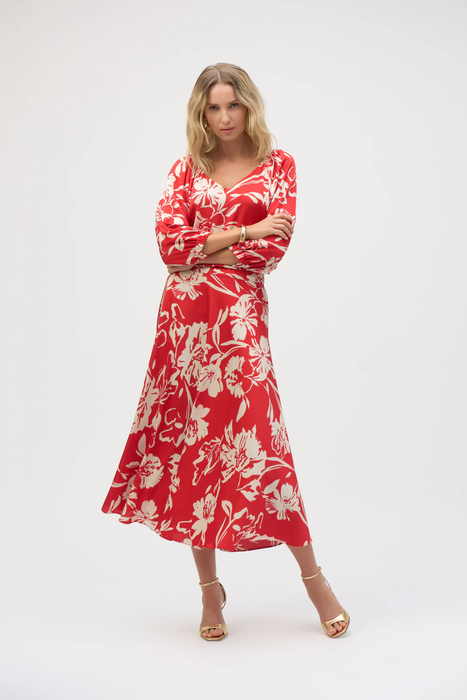 Joseph Ribkoff Red/Cream Floral Print V-Neck Puff Sleeve Top 252119