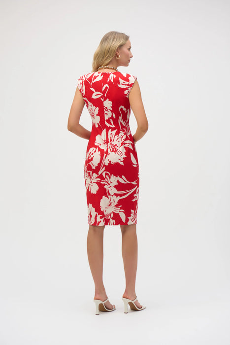 Joseph Ribkoff Red/Cream Floral Split Front Sheath Dress 252181
