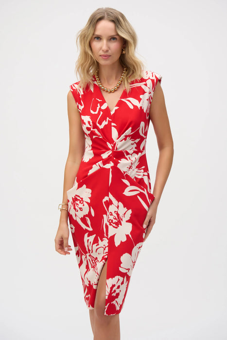Joseph Ribkoff Red/Cream Floral Split Front Sheath Dress 252181