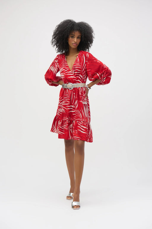 Joseph Ribkoff Style 252089 Red/Cream Tropical Print Belted Puff Sleeve Sundress